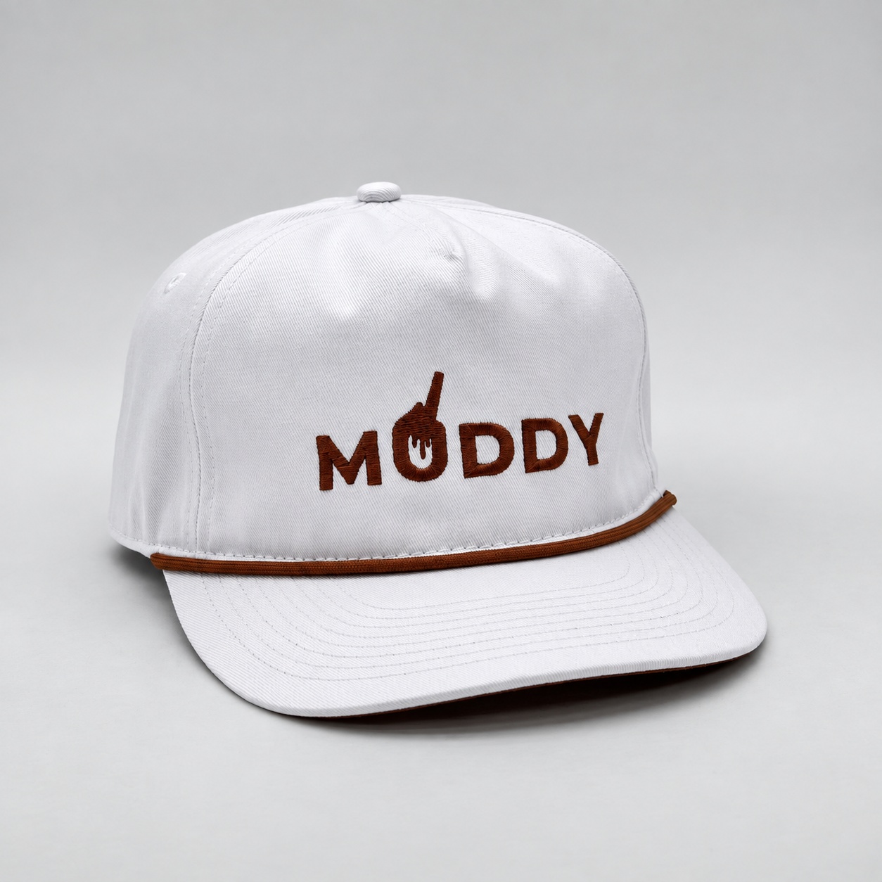 White Muddy Buddies cotton hockey-style hat with brown embroidery and rope trim