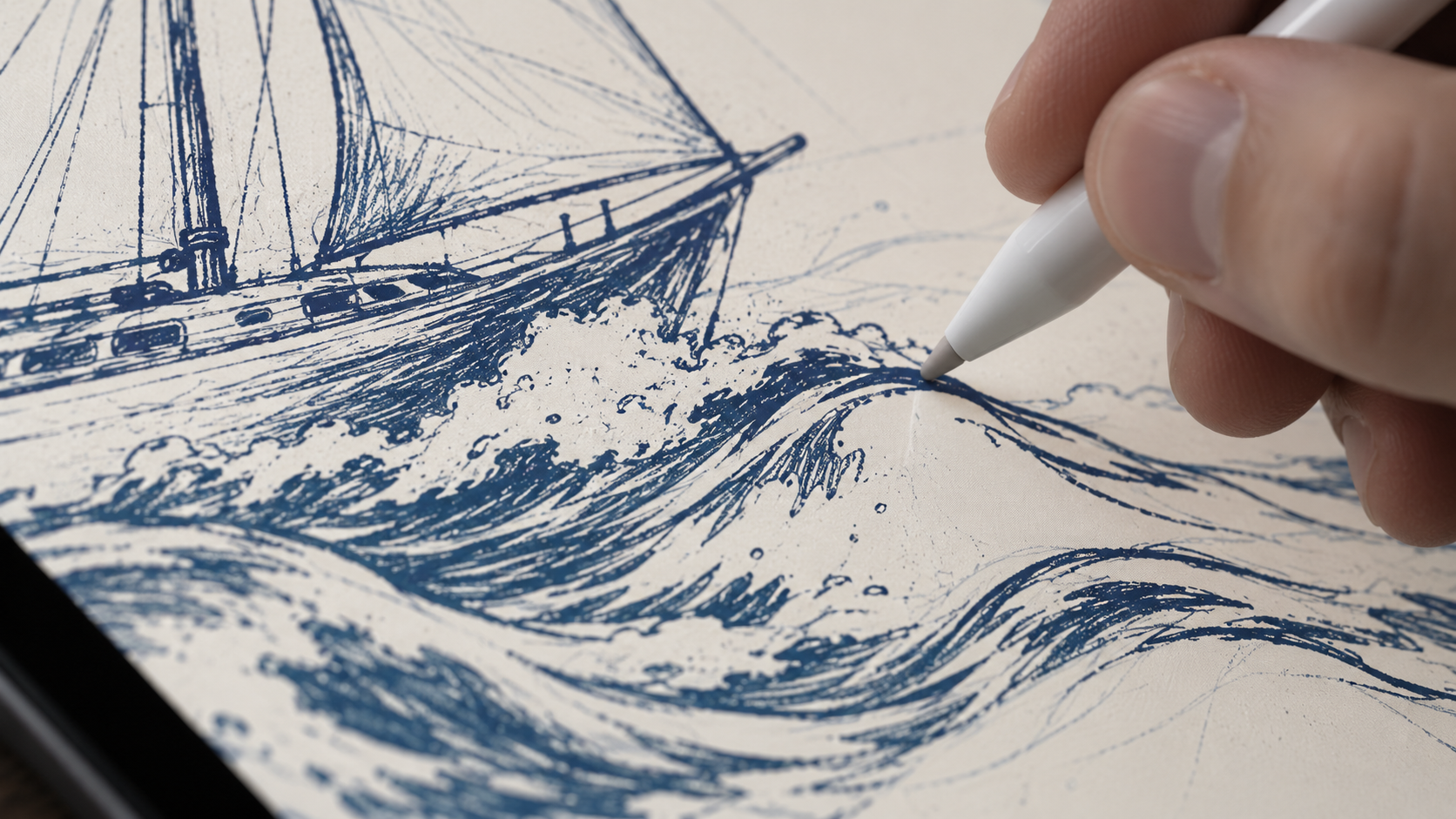 A hand using a stylus to draw a sailboat and waves on a tablet