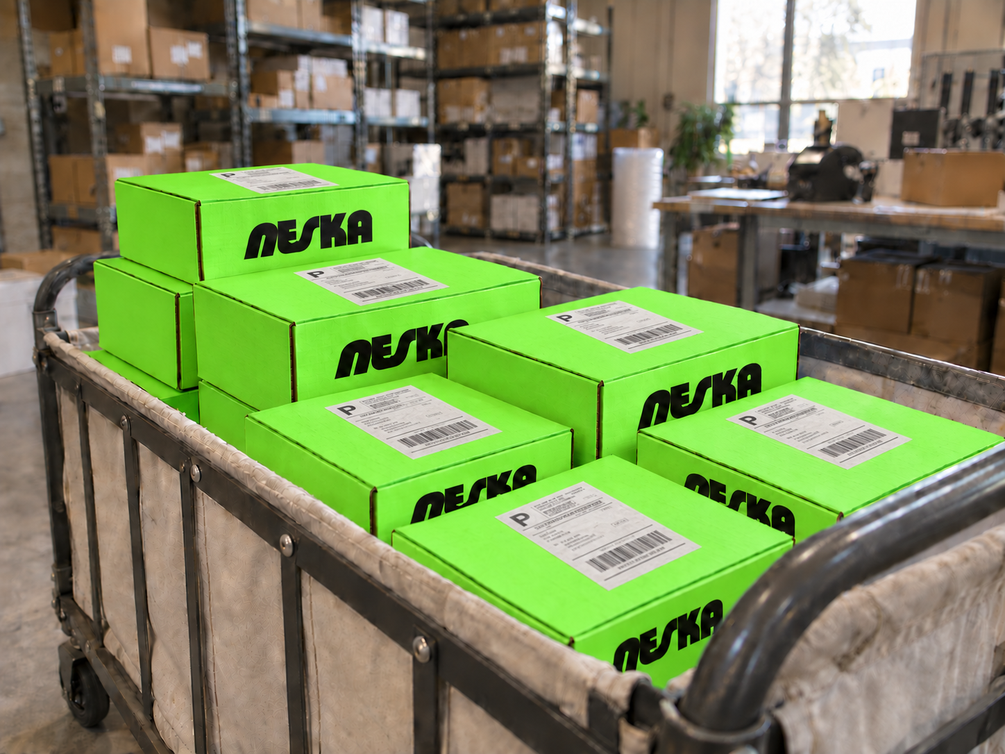 Green Neska shipping boxes in a warehouse fulfillment cart