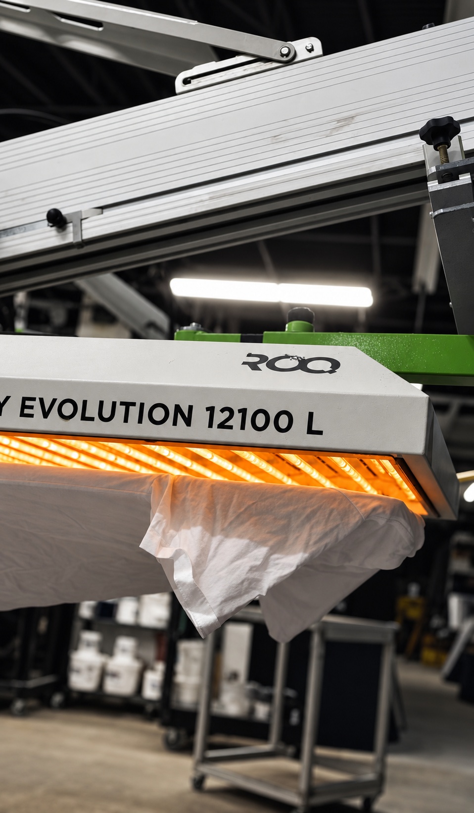 ROQ flash dryer curing a shirt during screen printing